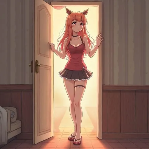 the anime girl walks into a room,open door,in the door,room door,door,doorway,hallway,ran,changing rooms,wooden door,standing behind,leaving room,room lighting,nightclothes,wardrobe,the door,corridor,