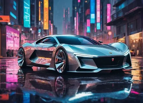 Futuristic architecture, sleek sports car, silver metallic body, glossy finish, LED headlights, alloy wheels, low-angle shot, cityscape background, skyscrapers, night scene, neon lights reflection, ra