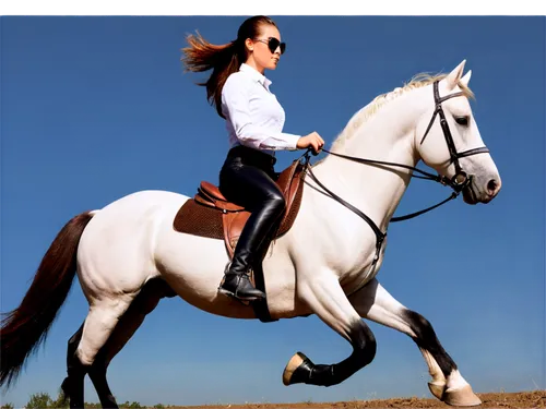 Horse rider, girl, young adult, ponytail, helmet, sunglasses, leather boots, riding pants, white shirt, holding reins, sitting on horseback, galloping horse, countryside landscape, sunny day, dramatic