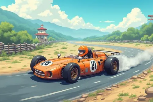 random cartoon scene,racing cars,a racer's driver driving a racing car through a road,automobile racer,hillclimb,racing road,fangio,nuvolari,caterham