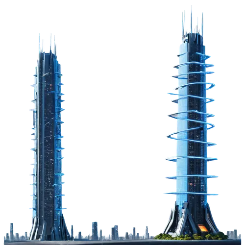Futuristische Lichtstrahlen: "Zwei schlanke, futuristische Türme, die Lichtstrahlen nach oben projizieren. Die Türme haben ein minimalistisches, industrielles Design mit leuchtenden, blauen Akzenten u