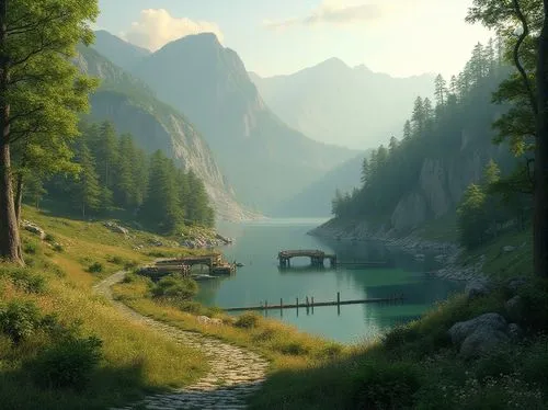 Sweeping hills, lush green forests, serene lakeside, rustic wooden bridges, meandering stone paths, natural rock formations, wildflower fields, gentle breeze, warm sunlight, soft misty atmosphere, 1/1