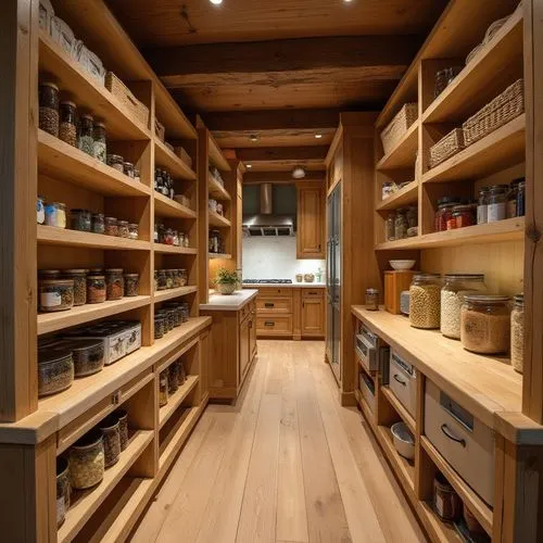 Rustic pantry with a warm and organized design, featuring natural wooden shelves lined with jars, baskets, and pantry staples. The floor is made of natural wood planks, and the ceiling has exposed woo