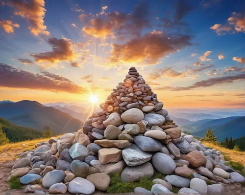 Create an impressive rock pile on a deserted mountaintop.,stack of stones,rock cairn,stacked rocks,stacking stones,stacked stones,cairn,balanced pebbles,stacked rock,rock stacking,background with ston