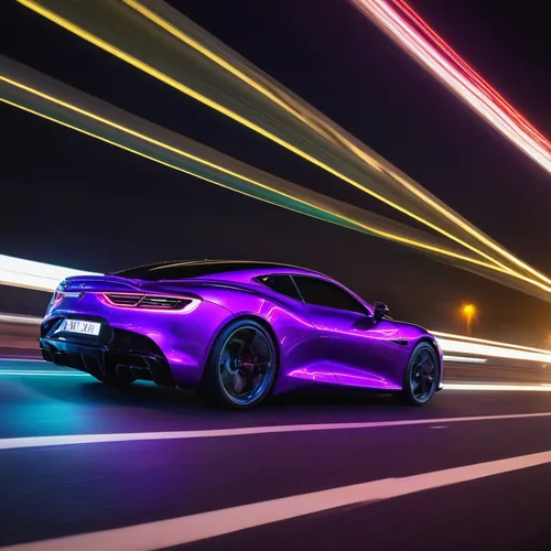 Sleek neon purple sports car zooming down the highway,aston martin vulcan,bmw i8 roadster,mclaren automotive,mercedes amg gts,electric sports car,corvette mako shark,i8,ford gt 2020,honda nsx,mercedes
