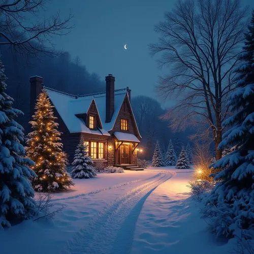 Illustrate a snowy Christmas landscape,an image of a snowy house with christmas lights on it,christmas landscape,winter night,winter house,silent night,snowy landscape,christmas snowy background,winte