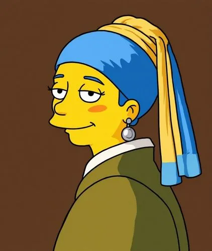 change the style to simpson,a drawing of a homer from the simpsons,girl with a pearl earring,schoolmarm,headscarf,the hat-female,wimple,skinner,headmistress,yarmulke,the hat of the woman,lousy,bonnet,