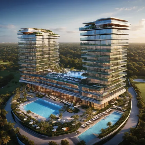 Two 14 stories, solor glass, renewable energies,  triangular outer buildings, one separate 14 stories octagonal center building, three pools, one rooftop deck pool, balconies on one building, golf cou