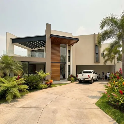 Transform this drawing into a realistic, wide-angle photograph (horizontal format) taken with an iPhone 17 Pro Max. The image features a newly constructed modern house in Fortín de las Flores, Veracru