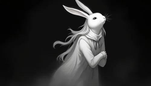 rabbit-eared man, Female rabbit, snow white skin,  , full-length, black background, black and white, style realism dark fantasy . Cute bunny. anime,an artisticly colored rabbit standing in the dark,wh