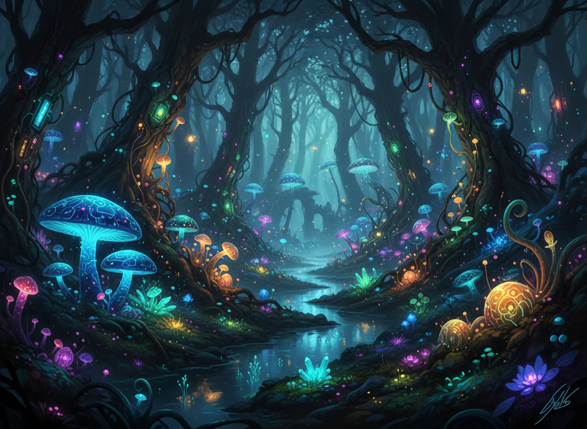 Dunkle Waldszene, beleuchtet von KI-generierten leuchtenden Pilzen und biolumineszenten Pflanzen im Biopunk-Stil.