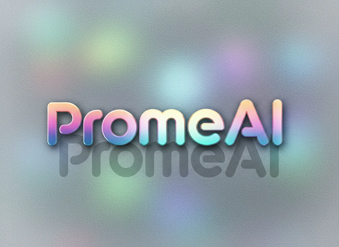 PromeAI द्वारा जेनरेट किए गए एक ग्राफ़िक एलिमेंट का क्लोज-अप व्यू, जो एक विस्तृत फ़्रॉस्टेड ग्लास इफ़ेक्ट और इरिडेसेंट क्रोम लेटरिंग को हाइलाइट करता है।