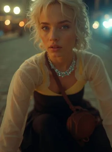 a stunning full-body photograph of a beautiful caucasian young, blonde-haired woman with blue eyes, she has the short hair and she dressed in a black dress with a neckline and a brown bag in a side
