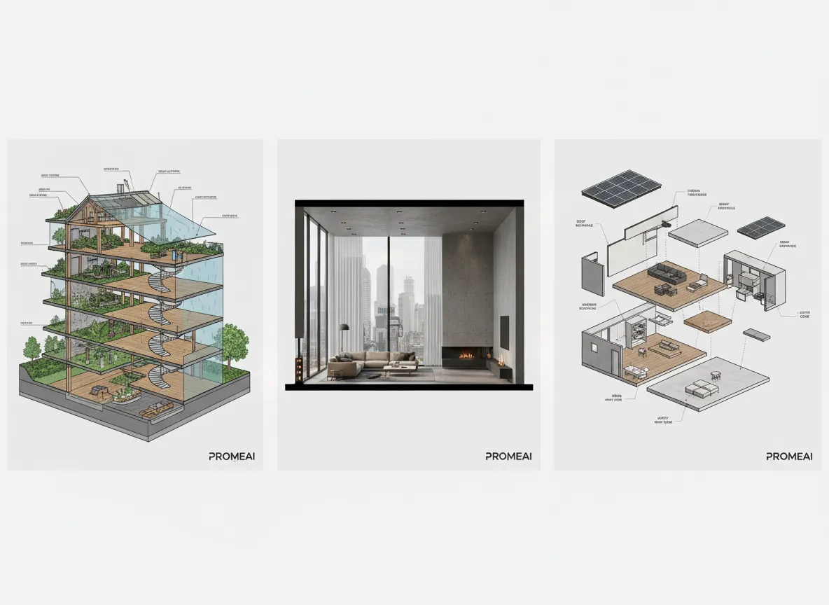 PromeAI से विभिन्न आउटपुट की एक गैलरी, जिसमें एक क्रॉस-सेक्शन, एक इंटीरियर एलिवेशन रेंडर और एक एक्सप्लोडेड व्यू डायग्राम शामिल है।