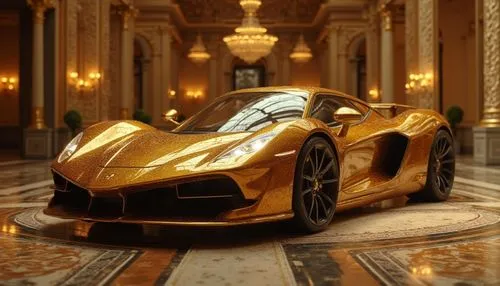 /imagine prompt: Golden luxury sports car in a grand hall with ornate architecture. --v 5 --ar 16:9,a gold luxury car in the middle of a lobby,gold plated,golden color,gold colored,gold color,gold lac