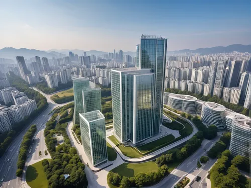 Hotel building, Seoul, Mass building around the main building, Vehicles on the road, Glass and metal, Curtain Wall,hongdan center,chongqing,zhengzhou,nanjing,tianjin,futuristic architecture,internatio