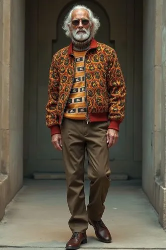 Fashion Model,a man in a colorful jacket and khaki pants standing in an archway,eggman,roshi,robotnik,narendra,davitian,parajanov,Photography,Fashion Photography,Fashion Photography 01