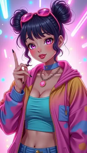 a drawing of a woman in pink jacket and shorts,neon candies,80's design,neon colors,neon,neon light,eighties,retro girl,bubblegum,noodle,jubilee,neon tea,neon lights,noodle image,peace sign,vector gir