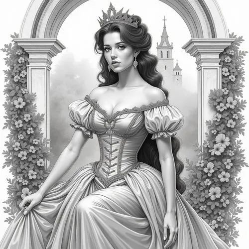A beautiful, elegant woman with long, wavy brown hair, wearing a stunning, off-the-shoulder, silver corseted dress with puffed sleeves and a flowing skirt. she is seated in the middle of the image, wi