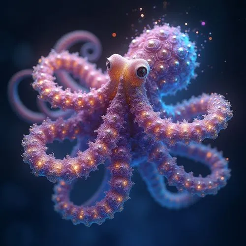 an tropical octopus in a reef,  mesmerizing fractal structure made of inspired by the Mandelbrot set, glowing with intricate beams of iridescent light. The fractal evolves endlessly, with layers of ne