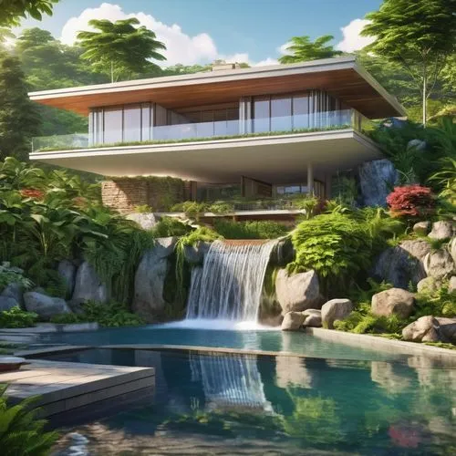 FALLING WATER STYLE HOUSE, IN A LUSH BACKGROUND SETTING,modern house,tropical house,japanese architecture,house by the water,aqua studio,floating island,luxury property,beautiful home,landscape design