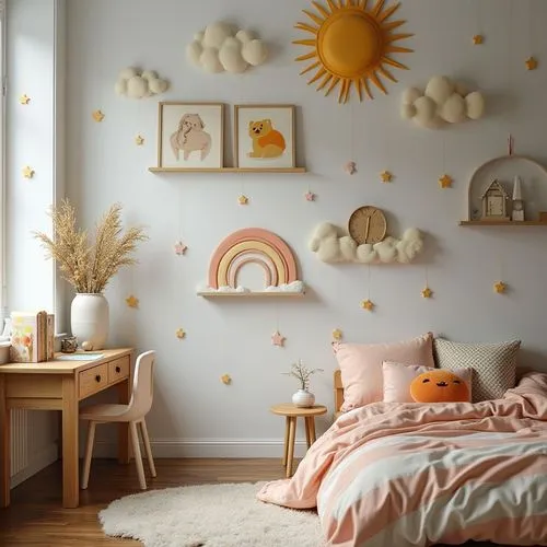kids room ,wall decoration,a bedroom decorated in pastel colors with gold stars,nursery decoration,kids room,baby room,the little girl's room,wall decoration,flower wall en,nursery,wall decor,gold wal