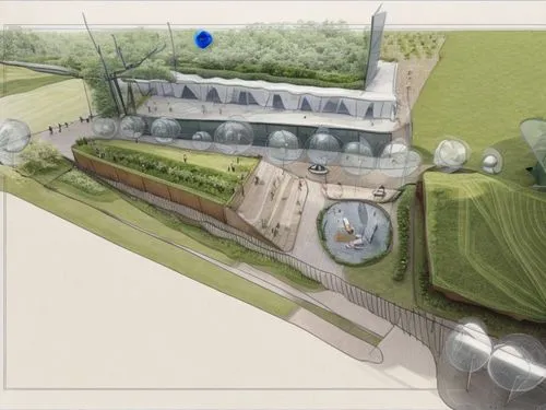 Retail pavilion in a Public Space Park type in a mixed use development,school design,sewage treatment plant,garden elevation,wastewater treatment,wine-growing area,3d rendering,landscape plan,garden b