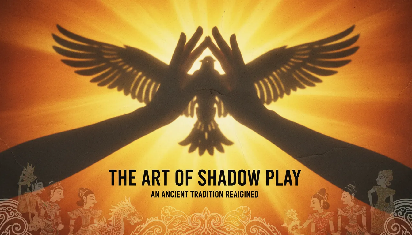 Un poster generato dall'AI che mostra l'arte del teatro delle ombre, con la silhouette di una mano che proietta l'ombra di un uccello su una parete intensamente illuminata.