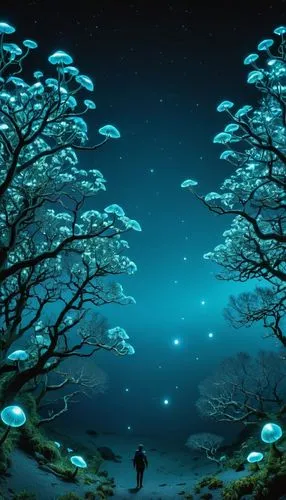 stereogram, Magic eye image, 3D,a man standing under an avenue of trees at night,underwater background,school of fish,coral reef,underwater landscape,deep sea,aquarium,underwater oasis,under sea,under