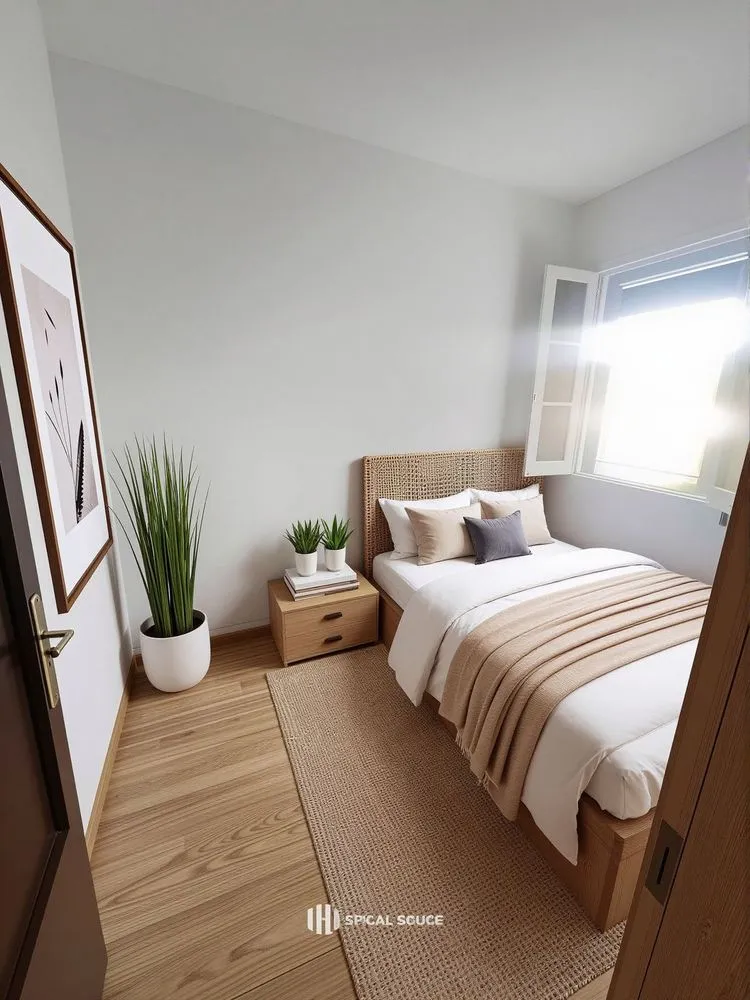 a bedroom with a bed, a plant and a mirror