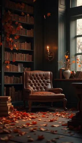 "Design a November wallpaper with a dark academia aesthetic, showing a cozy library corner with vintage books, warm lighting, and scattered autumn leaves."





,an image of room with lots of leaves o
