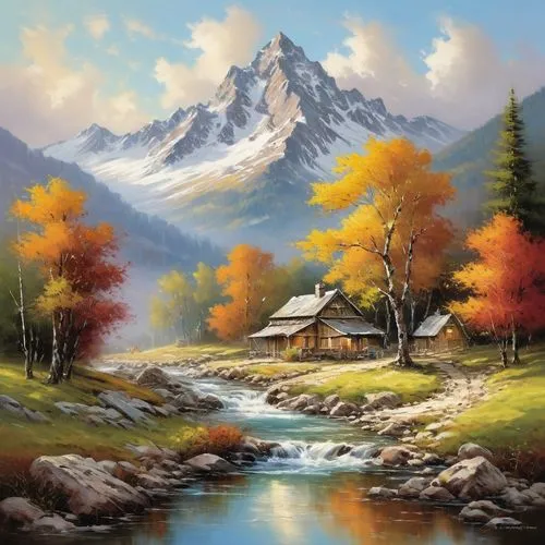 Capture a tranquil retirement image with a serene mountain landscape.,there is a painting that shows a cabin on the hill,landscape background,autumn landscape,mountain scene,fall landscape,autumn moun