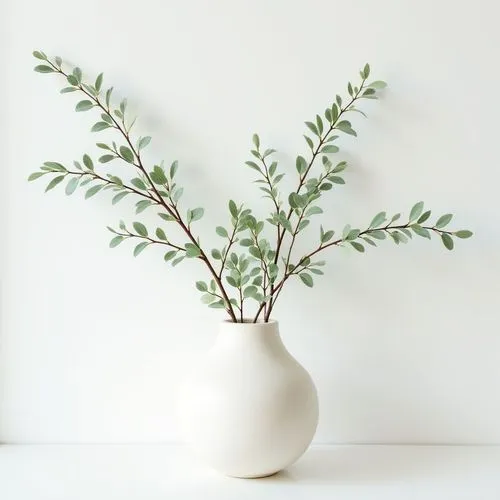 delicate elegant decorative branches with small green leaves ,on white wall,frontview, simple elegant  white chalk stone vase
,an empty white vase with green plant life in it,pale pipe shrub,a sprig o