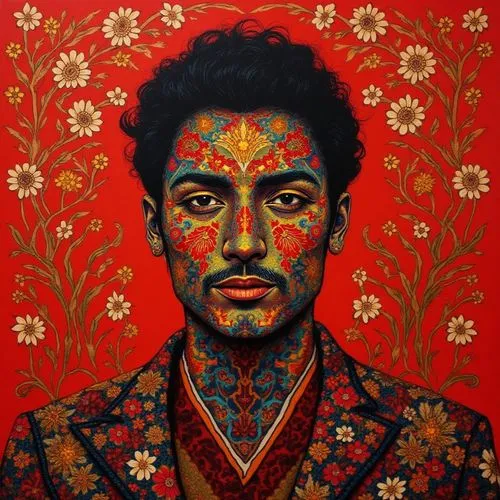  A painting of a front-facing man, rendered in a colorful and vividly bold design. The composition features striking patterns in red, gold, and black, set against a deep red background. Floral motifs 