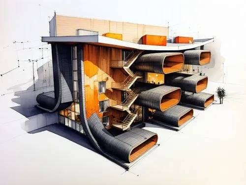 sketched rendering of a building, showing spiral staircases and a small area for seating,habitaciones,seidler,cubic house,cube stilt houses,multistorey,habitat 67
