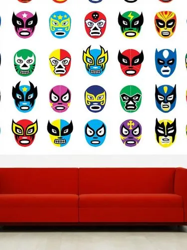 complete the next faces but mexican luchador mask like el santo, blue demon,an assortment of colorful masks with different faces,superhero background,youtube background,luchadores,comic characters,web
