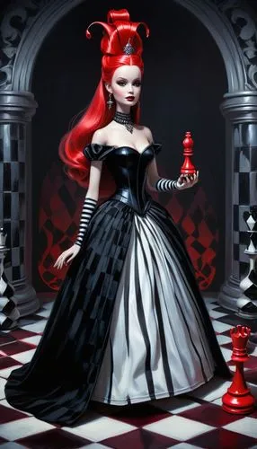 60s barbie doll in a black and white striped ballgown, red queen, chess,Red Queen Barbie,queen of hearts,chessboard,play chess,chess piece,chess game,chess pieces,vertical chess,chessboards,black quee