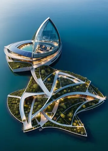 Imagine buildings that float gracefully on water, embodying sleek, organic shapes that integrate harmoniously with their aquatic surroundings. These structures, designed as sustainable sanctuaries, ha