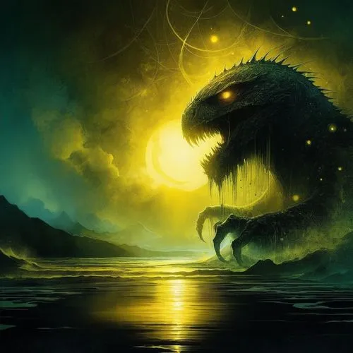COMIC STYLE, COMIC ART, stunning COMIC ARTWORK , GOLDEN CORE,two giant monsters in the middle of a night time scene,black dragon,dragon of earth,basilisk,fantasy picture,painted dragon,dragon,sea mons