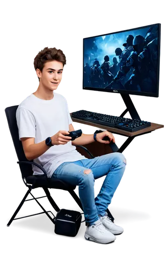 Gaming setup, male gamer, 25yo, messy brown hair, casual wear, white t-shirt, ripped jeans, sneakers, gaming mouse, keyboard, monitor, PlayStation controller, energetic pose, dramatic lighting, low-an