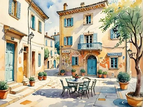 a painting of a courtyard with tables and chairs,watercolor cafe,watercolor shops,watercolor tea shop,watercolor,watercolor painting,watercolor background,coffee watercolor,bistro,watercolor pencils,f