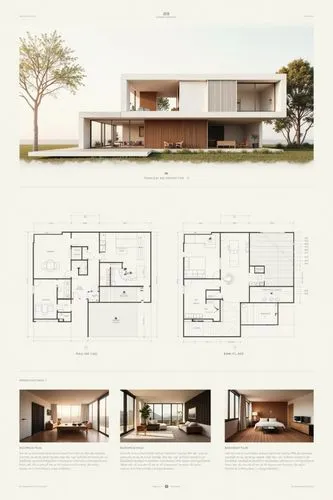 A professional architectural presentation board with a Pure background and a clean, minimalist design layout. The board includes:

Top Section: On the top left, a photorealistic render of a contempora