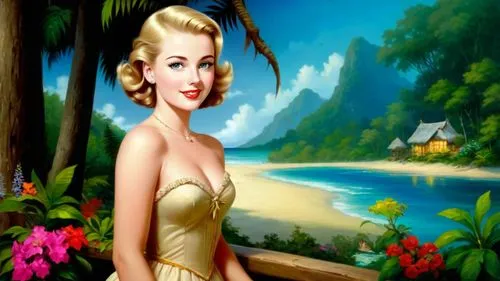 Romantic masterpiece oil painting, cute girl portrait, nostalgic 1950's style kitsch, vibrant rainforest landscape, lush tropical jungle paradise, summer beach vacation seaside cottage scenery, by Tho