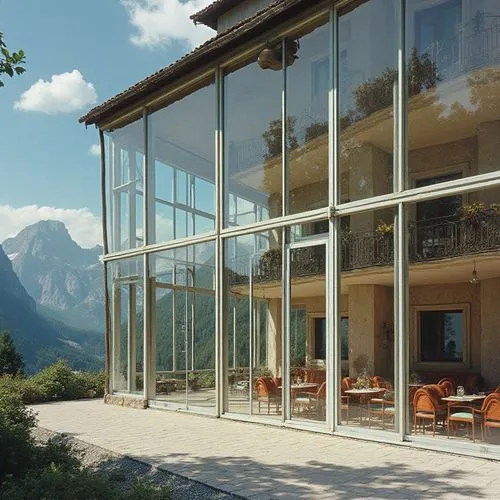 Close-up of a huge 50m long, 10 m high glass window in 1940s design style a glass front of a Bavarian Hotel at the Berghof, Berchtesgaden, Bavaria in 1945, , Alps.,a glass facade looks over a patio wi