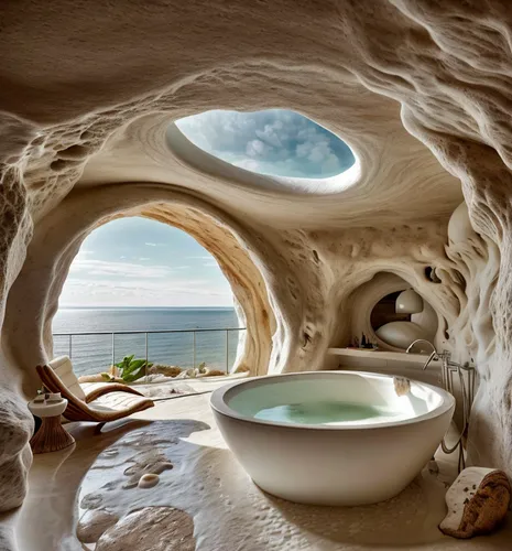 luxury bathroom,cave on the water,window with sea view,sea cave,stone sink,sicily window,stone oven,igloo,cave church,great room,beautiful home,roof domes,cappadocia,luxury hotel,dunes house,round win