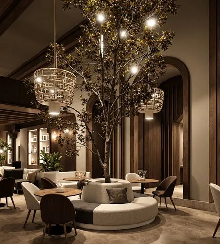 A sophisticated café with a grand indoor tree as its centerpiece, surrounded by circular seating. The space features high ceilings, classic arches, and luxurious pendant lights. ,an interior of a rest
