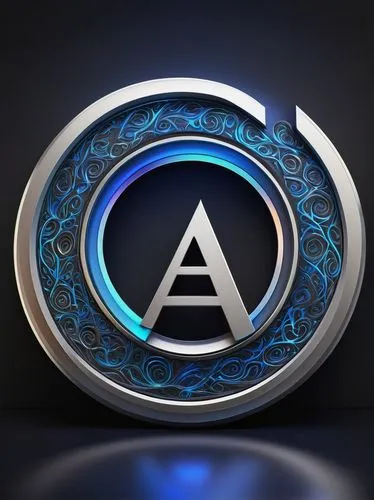 AI business logo, modern minimalism, silver metallic texture, glossy finish, futuristic font, bold italicized letter "A", circular outline, dynamic swirling patterns, blue neon lights, holographic eff