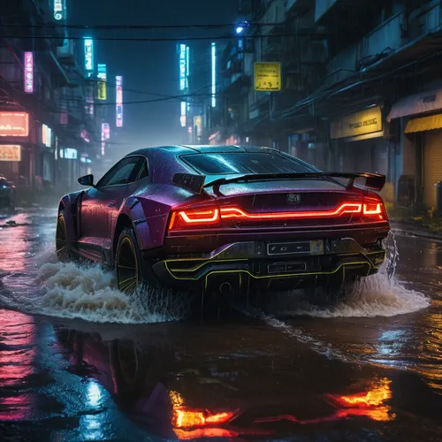 Cyberpunk car running through waterlogged roads at night,lamborghini urus,audi rs7,bugatti chiron,audi a7,rs7,mercedes-amg gt,aston martin vulcan,audi r8,audi r8 v10 plus,lamborghini huracán,amg gt,po
