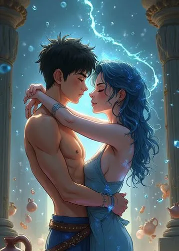 Un jeune homme androgyne, charismatique et magnétique, fusionne littéralement avec son âme sœur dans une étreinte surnaturelle. Leur peau semble faite de métal vivant, attirée l'une vers l'autre comme