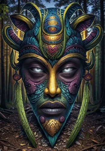 a face with many details in it and a blue mask,shaman,shamanic,fantasy portrait,fantasy art,tribal,avatar,world digital painting,wooden mask,third eye,masquerade,body painting,totem,digital artwork,sh